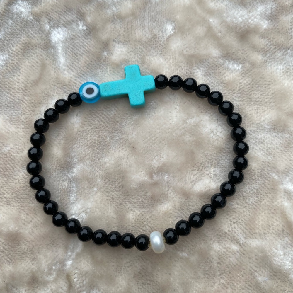Genuine black onyx, turquoise, pearl /Evil Eye bracelet high quality - Picture 4 of 9
